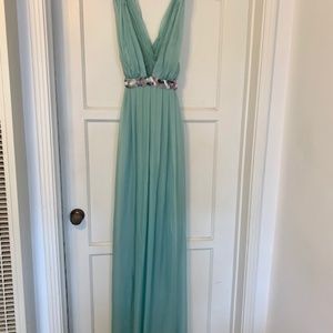 ABS Turquoise Diaphanous Gemmed Long Dress  -6